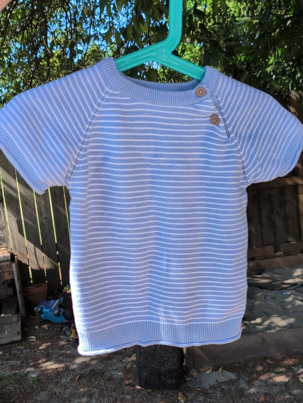 Short-Sleeve Striped Cotton Knit Top - Light Blue & White